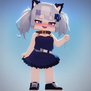 rating:safe, virtual youtuber, 1girl, animal ears, dress, open mouth, solo, cat ears, belt, twintails, sky, gradient, collar, shoes, smile, blue sky, day, gradient background, blush, hair ornament, silver hair, blue background, standing