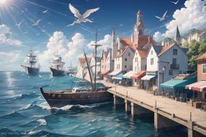 ((masterpiece, best quality, extremely detailed, )), anime,medieval coastal town, pier, sailing ships, caravels, sea coast, seagulls  {best quality}, {{hi res}}, ,FFIXBG