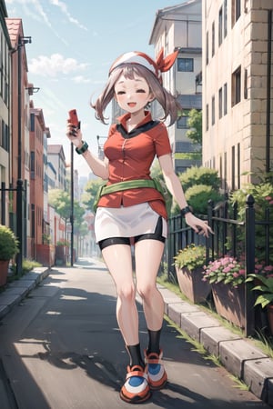 ((masterpiece, best quality, extremely detailed, )), masterpiece, best quality, looking at viewer, murata yuusuke Style\(style\), {big milkers} (full body), masterpiece, best quality, highres, 1girl, may (pokemon), red shirt, short sleeves, smile, red bandana, yellow fanny pack, white skirt, bike shorts under skirt.  torchic, chicken pokemon,aiue oka,Pink hair,Two braids,Closed eyes