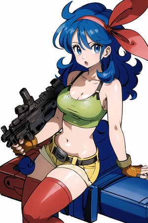 ((masterpiece, best quality, extremely detailed, )) {big milkers} (full body),  1girl, solo, breasts, lunchdb-good, blue hair, curly hair, breasts, big breasts, cleavage, blue eyes, red headband, shorts, yellow tank top, shy eyes, scared 0.5, shy face, open mouth, cleavage, long hair, looking at viewer, gloves, navel, fingerless gloves, blue eyes, abdomen, green crop top, headband, yellow shorts, belt, bare shoulders, collarbone, camisole, ribbon, shirt, red headband, stomach, red ribbon , holding an AK44, machine gun{{illustration}} {best quality}, {{hi res}}, {White background}