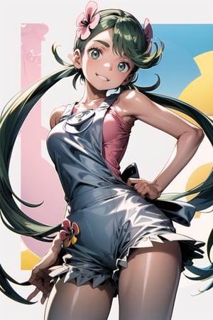 masterpiece, best quality, lora:mallow-nvwls, defmallow, twintails, hair flower, hair ornament, grey overalls, pink shirt, sleeveless, grey shorts, medium breasts, from above, smile, hands to hips, green sneakers, smile, from below, dark skin