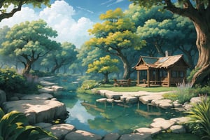 ((masterpiece, best quality, extremely detailed, )), anime, Lush Forest Pond, Free Background {best quality}, {{hi res}}, ,FFIXBG