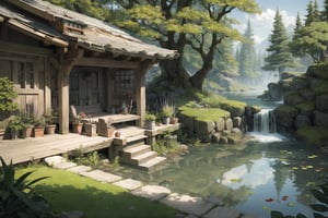 ((masterpiece, best quality, extremely detailed, )), anime, Lush Forest Pond, Free Background {best quality}, {{hi res}}, ,FFIXBG