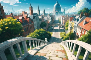 ((masterpiece, best quality, extremely detailed, )), anime, highly detailed, 8k, top quality, fantasy, hyperrealistic, best illustration, dynamic view, cinematic, ultra-detailed, full background, FFIXBG, full background, tree, arch, no humans, pavement, flower, bird, potted plant, bridge, road, building, chimney, stairs, fantasy, scenery, grass, from above, city, outdoors, window, plant, railing, beautiful,  {best quality}, {{hi res}}, ,FFIXBG