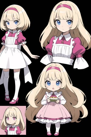 1girl, young, pink_dress, (cute body, cute face,) (alice in wonderland), (gretel), (jill), (goldilocks) ((blond hair), bangs in front of the eyes, long flowing hair, long side strands of hair), (white apron, pink dress with fringes, white collar and sleeves, white stockings, pink mary jane shoes), golden_eyes, (big, glowing, fairy eyes), short, small, masterpiece, {{illustration}}, {best quality}, {{hi res}}, fairy tale girl trainer class, multiple_views, model_sheet, character_design, child, (sugimori ken \(style\), full_body