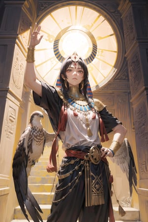 masterpiece, best quality, man, ra, divine aura, egyptian god ((hawk head)), solar disk, temple