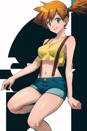 ((masterpiece, best quality, extremely detailed, )),  masterpiece, best quality, looking at viewer, murata yuusuke Style\(style\), {big milkers} (full body), Misty_Pokemon, yellow crop top, suspenders, side ponytail, bare thighs, solo, smiling, looking at viewer, cowboy shot, cinematic composition, dynamic pose, HD, 8k, Misty_Pokemon,1girl