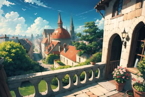 ((masterpiece, best quality, extremely detailed, )), anime, highly detailed, 8k, top quality, fantasy, hyperrealistic, best illustration, dynamic view, cinematic, ultra-detailed, full background, FFIXBG, full background, tree, arch, no humans, pavement, flower, bird, potted plant, bridge, road, building, chimney, stairs, fantasy, scenery, grass, from above, city, outdoors, window, plant, railing, beautiful,  {best quality}, {{hi res}}, ,FFIXBG