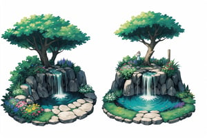 multiple views, Model sheet, masterpiece, best quality, looking at viewer, Ken Sugimori  \(style\),  (full body),  {{{inside creature, inner creature, tree, fairy, vore, \(substance\), inner tree, green leaves, trunk, leafy branches, grass, bush, flowers, sky ,clouds river, lake, river bank, stones, water, small waterfall, bushes, grass, bush, flowers, }}}, {White background}  SMAce, masterpiece, best quality, , masterpiece, {{illustration}}, {best quality}, {{hi res}}, tatsumakitornado