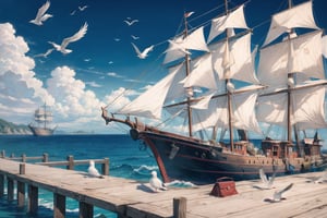 ((masterpiece, best quality, extremely detailed, )), anime,medieval coastal town, pier, sailing ships, caravels, sea coast, seagulls  {best quality}, {{hi res}}, ,FFIXBG