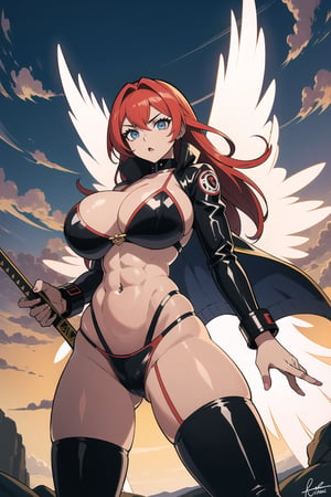 A fierce red-haired angelic warrior with cybernetic enhancements, standing in a powerful pose. She has large, white angel wings spread behind her, wearing a black leather jacket and a red bikini top that shows off her muscular midsection. Her left arm is fully mechanical, adorned with a skull, while her right hand grips a massive sword. Her expression is confident, with piercing bright eyes. The scene has a dynamic and heroic atmosphere, with the sky in the background painted in vibrant colors. She embodies a mix of celestial grace and futuristic technology. Her pose radiates strength, with futuristic elements on her gear, creating an epic anime-style visual,ct-physmstyle2,ct-katakrat