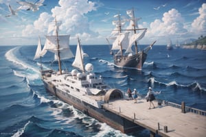 ((masterpiece, best quality, extremely detailed, )), anime,medieval coastal town, pier, sailing ships, caravels, sea coast, seagulls  {best quality}, {{hi res}}, ,FFIXBG