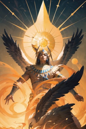 masterpiece, best quality, man, ra, divine aura, egyptian god ((hawk head)), solar disk, temple,Circle,fantasy