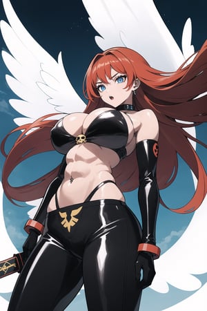 A fierce red-haired angelic warrior with cybernetic enhancements, standing in a powerful pose. She has large, white angel wings spread behind her, wearing a black leather jacket and a red bikini top that shows off her muscular midsection. Her left arm is fully mechanical, adorned with a skull, while her right hand grips a massive sword. Her expression is confident, with piercing bright eyes. The scene has a dynamic and heroic atmosphere, with the sky in the background painted in vibrant colors. She embodies a mix of celestial grace and futuristic technology. Her pose radiates strength, with futuristic elements on her gear, creating an epic anime-style visual,ct-physmstyle2,ct-katakrat