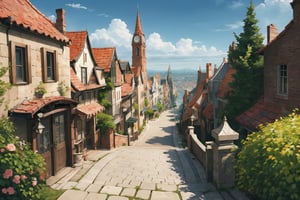 ((masterpiece, best quality, extremely detailed, )), anime, highly detailed, 8k, top quality, fantasy, hyperrealistic, best illustration, dynamic view, cinematic, ultra-detailed, full background, FFIXBG, full background, tree, arch, no humans, pavement, flower, bird, potted plant, bridge, road, building, chimney, stairs, fantasy, scenery, grass, from above, city, outdoors, window, plant, railing, beautiful,  {best quality}, {{hi res}}, ,FFIXBG