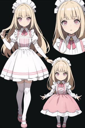 1girl, young, pink_dress, (cute body, cute face,) (alice in wonderland), (gretel), (jill), (goldilocks) ((blond hair), bangs in front of the eyes, long flowing hair, long side strands of hair), (white apron, pink dress with fringes, white collar and sleeves, white stockings, pink mary jane shoes), golden_eyes, (big, glowing, fairy eyes), short, small, masterpiece, {{illustration}}, {best quality}, {{hi res}}, fairy tale girl trainer class, multiple_views, model_sheet, character_design, child, (sugimori ken \(style\), full_body