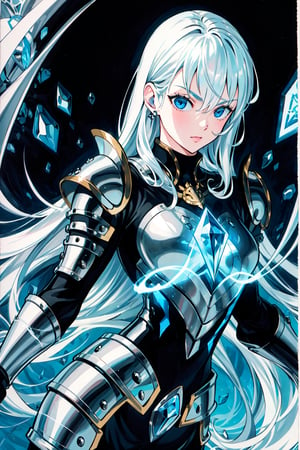 masterpiece, best quality, extremely detailed, female knight, armor, magic metal, magic runes, blue eyes, glowing irises, overlooking a magic army, area lighting, hourglass figure, HD, 8k, silver hair,murata yuusuke