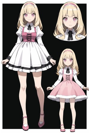 1girl, young, pink_dress, (cute body, cute face,) (alice in wonderland), (gretel), (jill), (goldilocks) ((blond hair), bangs in front of the eyes, long flowing hair, long side strands of hair), (white apron, pink dress with fringes, white collar and sleeves, white stockings, pink mary jane shoes), golden_eyes, (big, glowing, fairy eyes), short, small, masterpiece, {{illustration}}, {best quality}, {{hi res}}, fairy tale girl trainer class, multiple_views, model_sheet, character_design, child, (sugimori ken \(style\), full_body