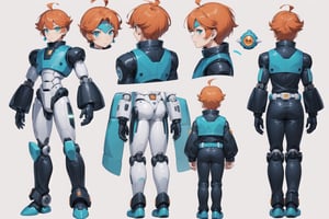 multiple views, model sheet, masterpiece, best quality, facing viewer, sugimori ken \(style\), {big milkers} (full body), 1 child, robot boy, robot boy, megaman {white background} green eyes, led screen eyes, short orange hair, turquoise body, mechanical joints, big white robot feet, robotic hands