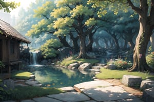 ((masterpiece, best quality, extremely detailed, )), anime, Lush Forest Pond, Free Background {best quality}, {{hi res}}, ,FFIXBG