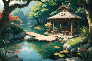 ((masterpiece, best quality, extremely detailed, )), anime, Lush Forest Pond, Background {best quality}, {{hi res}}, ,FFIXBG
