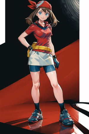 ((masterpiece, best quality, extremely detailed, )),  masterpiece, best quality, looking at viewer, murata yuusuke Style\(style\), {big milkers} (full body), masterpiece, best quality, highres, 1girl, may (pokemon), red shirt, short sleeves, smile, red bandana, yellow fanny pack, white skirt, bike shorts under skirt,