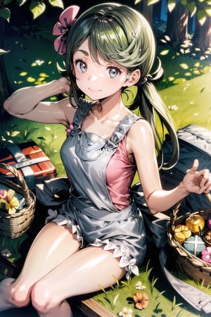 masterpiece, best quality, mallow-nvwls, defmallow, twintails, hair flower, hair ornament, grey overalls, pink shirt, sleeveless, grey shorts, medium breasts, looking at viewer, sitting, on ground, picnic basket, blanket, looking at viewer, tree, from above, smile, sitting, flowers, field, dark skin