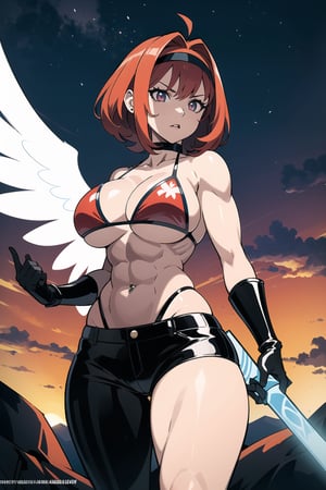 A fierce red-haired angelic warrior with cybernetic enhancements, standing in a powerful pose. She has large, white angel wings spread behind her, wearing a black leather jacket and a red bikini top that shows off her muscular midsection. Her left arm is fully mechanical, adorned with a skull, while her right hand grips a massive sword. Her expression is confident, with piercing bright eyes. The scene has a dynamic and heroic atmosphere, with the sky in the background painted in vibrant colors. She embodies a mix of celestial grace and futuristic technology. Her pose radiates strength, with futuristic elements on her gear, creating an epic anime-style visual,ct-physmstyle2,ct-katakrat