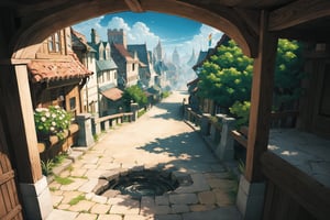 ((masterpiece, best quality, extremely detailed, )), anime, highly detailed, 8k, top quality, fantasy, hyperrealistic, best illustration, dynamic view, cinematic, ultra-detailed, full background, FFIXBG, full background, tree, arch, no humans, pavement, flower, bird, potted plant, bridge, road, building, chimney, stairs, fantasy, scenery, grass, from above, city, outdoors, window, plant, railing, beautiful,  {best quality}, {{hi res}}, ,FFIXBG