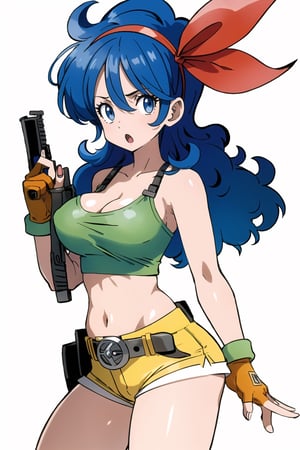 ((masterpiece, best quality, extremely detailed, )) {big milkers} (full body),  1girl, solo, breasts, lunchdb-good, blue hair, curly hair, breasts, big breasts, cleavage, blue eyes, red headband, shorts, yellow tank top, shy eyes, scared 0.5, shy face, open mouth, cleavage, long hair, looking at viewer, gloves, navel, fingerless gloves, blue eyes, abdomen, green crop top, headband, yellow shorts, belt, bare shoulders, collarbone, camisole, ribbon, shirt, red headband, stomach, red ribbon , holding an AK44, machine gun{{illustration}} {best quality}, {{hi res}}, {White background}