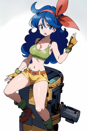 ((masterpiece, best quality, extremely detailed, )) {big milkers} (full body),  1girl, solo, breasts, lunchdb-good, blue hair, curly hair, breasts, big breasts, cleavage, blue eyes, red headband, shorts, yellow tank top, shy eyes, scared 0.5, shy face, open mouth, cleavage, long hair, looking at viewer, gloves, navel, fingerless gloves, blue eyes, abdomen, green crop top, headband, yellow shorts, belt, bare shoulders, collarbone, camisole, ribbon, shirt, red headband, stomach, red ribbon , holding an AK44, machine gun{{illustration}} {best quality}, {{hi res}}, {White background}