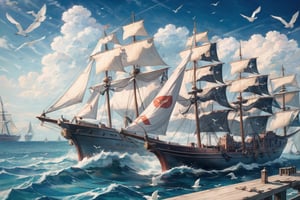 ((masterpiece, best quality, extremely detailed, )), anime,medieval coastal town, pier, sailing ships, caravels, sea coast, seagulls  {best quality}, {{hi res}}, ,FFIXBG