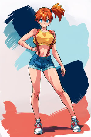 ((masterpiece, best quality, extremely detailed, )),  masterpiece, best quality, looking at viewer, murata yuusuke Style\(style\), {big milkers} (full body), masterpiece, best quality, highres, 1girl, misty (pokemon), orange hair, solo, shorts, suspenders, side ponytail, orange hair, midriff, shoes, sneakers, yellow crop top, navel, short hair, denim, denim shorts, large breasts, ,murata yuusuke