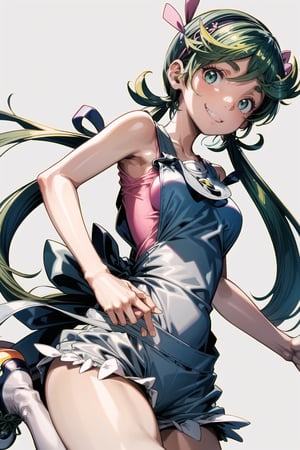 masterpiece, best quality, lora:mallow-nvwls, defmallow, twintails, hair flower, hair ornament, grey overalls, pink shirt, sleeveless, grey shorts, medium breasts, from above, smile, hands to hips, green sneakers, smile, from below, dark skin