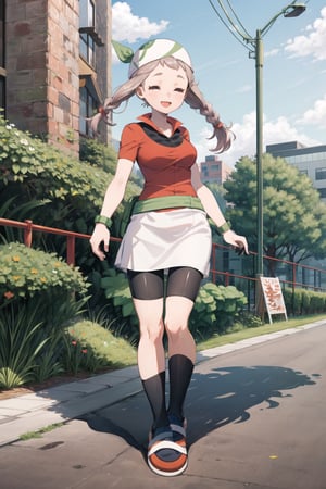 ((masterpiece, best quality, extremely detailed, )), masterpiece, best quality, looking at viewer, murata yuusuke Style\(style\), {big milkers} (full body), masterpiece, best quality, highres, 1girl, may (pokemon), red shirt, short sleeves, smile, red bandana, yellow fanny pack, white skirt, bike shorts under skirt.  torchic, chicken pokemon,aiue oka,Pink hair,Two braids,Closed eyes