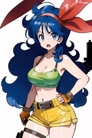 ((masterpiece, best quality, extremely detailed, )) {big milkers} (full body),  1girl, solo, breasts, lunchdb-good, blue hair, curly hair, breasts, big breasts, cleavage, blue eyes, red headband, shorts, yellow tank top, shy eyes, scared 0.5, shy face, open mouth, cleavage, long hair, looking at viewer, gloves, navel, fingerless gloves, blue eyes, abdomen, green crop top, headband, yellow shorts, belt, bare shoulders, collarbone, camisole, ribbon, shirt, red headband, stomach, red ribbon , holding an AK44, machine gun{{illustration}} {best quality}, {{hi res}}, {White background}