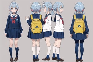 multiple views, model sheet, masterpiece, best quality, facing viewer, sugimori ken \(style\), {big milkers} (full body), 1 girl, little girl, schoolgirl, casual suit, primary school backpacks, tied hair, spoiled girl, malicious face, gal,