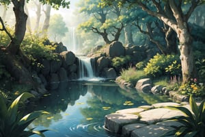 ((masterpiece, best quality, extremely detailed, )), anime, Lush Forest Pond, Free Background {best quality}, {{hi res}}, ,FFIXBG