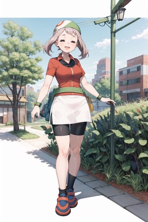 ((masterpiece, best quality, extremely detailed, )), masterpiece, best quality, looking at viewer, murata yuusuke Style\(style\), {big milkers} (full body), masterpiece, best quality, highres, 1girl, may (pokemon), red shirt, short sleeves, smile, red bandana, yellow fanny pack, white skirt, bike shorts under skirt.  torchic, chicken pokemon,aiue oka,Pink hair,Two braids,Closed eyes