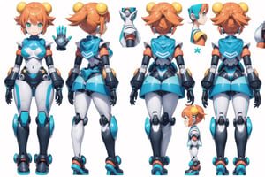 multiple views, model sheet, masterpiece, best quality, facing viewer, sugimori ken \(style\), {big milkers} (full body), 1 child, robot boy, robot boy, megaman {white background} green eyes, led screen eyes, short orange hair, turquoise body, mechanical joints, big white robot feet, robotic hands