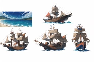 multiple views, Model sheet, masterpiece, best quality, looking at viewer, Ken Sugimori \(style\), (full body), extremely detailed, )),{{{anime, medieval coastal town, pier, sailing ships, caravels, sea coast, seagulls }}}, {White background} SMAce, masterpiece, best quality, , masterpiece, {{illustration}}, {best quality}, {{hi res}}, FFIXBG