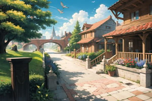 ((masterpiece, best quality, extremely detailed, )), anime, highly detailed, 8k, top quality, fantasy, hyperrealistic, best illustration, dynamic view, cinematic, ultra-detailed, full background, FFIXBG, full background, tree, arch, no humans, pavement, flower, bird, potted plant, bridge, road, building, chimney, stairs, fantasy, scenery, grass, from above, city, outdoors, window, plant, railing, beautiful,  {best quality}, {{hi res}}, ,FFIXBG