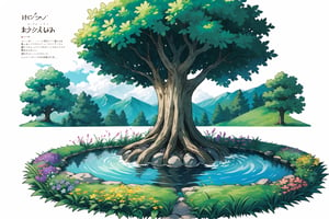 multiple views, Model sheet, masterpiece, best quality, looking at viewer, Ken Sugimori  \(style\),  (full body),  {{{inside creature, inner creature, tree, fairy, vore, \(substance\), inner tree, green leaves, trunk, leafy branches, grass, bush, flowers, sky ,clouds river, lake, river bank, stones, water, small waterfall, bushes, grass, bush, flowers, }}}, {White background}  SMAce, masterpiece, best quality, , masterpiece, {{illustration}}, {best quality}, {{hi res}}, tatsumakitornado