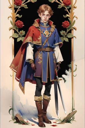 17yo . (dark-wine Russian:Tabard, sword, cape, coat, leggings, high boots, leather gloves, royal insignia, embroidery, gold ornaments), 1734 medieval Russian boy. on field of roses. intricate details, sorrounded by stars, Dandi, Drawing, Thick Outline, Ginger hair. Freckles. Pale skin. Concave nose