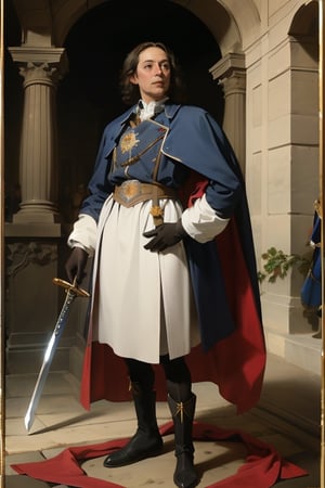 19yo French guy. D'Artagnan Musketeer. (French:Tabard, sword, cape,   coat, leggings, high boots, leather gloves, royal insignia, embroidery, gold ornaments) , lace, elegance, Renaissance style, vivid colors, distinctive uniform, status symbol, impeccable dress, nobility, gallant bearing. Baroque, Dark, Light, art,Freckles,Lauren_Iroas