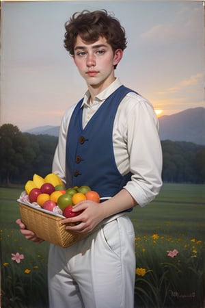 19yo guy portrait. Standing. Dinner. Fruit basket. Sunset. Spring, Romanticism, oilpainting, Freckles, Hazel eyes 