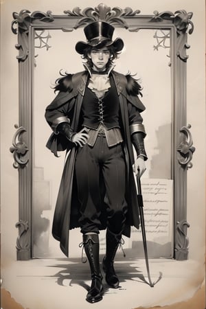Monochrome, npzw text, Aged paper, Ornate edges, Romeo, Shakespeare, Elizabethan era, Doublet, Hose, Codpiece, Ruff collar, Velvet cloak, Feathered hat, Renaissance, Italian style, Leather boots, Period costume.,Upturned nose,Freckles,Baroque,Npzw