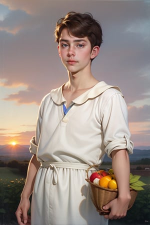 19yo guy portrait. Standing. Dinner. Fruit basket. Sunset. Spring, Baroque, Dark, Light, art, Freckles, Hazel eyes 