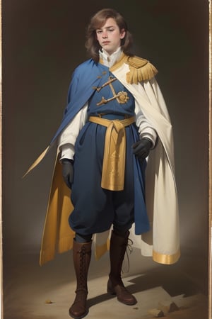 19yo French guy. D'Artagnan Musketeer. (dark-wine French:Tabard, sword, cape,   coat, leggings, high boots, leather gloves, royal insignia, embroidery, gold ornaments) , lace, elegance, Renaissance style, vivid colors, distinctive uniform, status symbol, impeccable dress, nobility, gallant bearing. Versailles blurry landscape, Baroque, Dark, Light, art