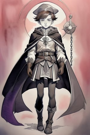 Monochrome. 19yo French medieval  boy. tunic, cloak, leggings, boots, hat, belt, cloak, doublet, shirt, hood, gloves, sleeves, skirts, chainmail, Watercolor, Acquerello, art, Short Brown Hair. painting in shades of gray, pink, purple, pastel, and orange. Celestial and divine grace 